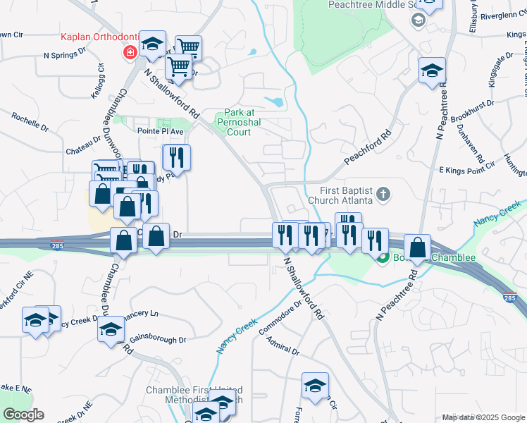 map of restaurants, bars, coffee shops, grocery stores, and more near 4404 North Shallowford Road in Atlanta