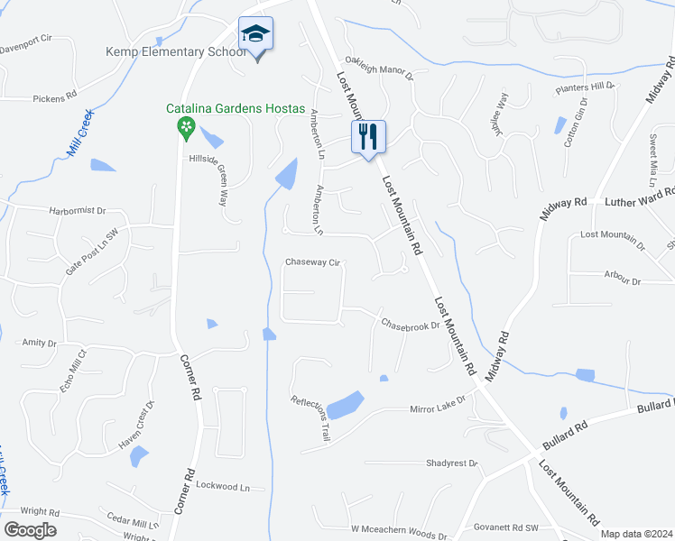 map of restaurants, bars, coffee shops, grocery stores, and more near 1459 Chaseway Circle in Powder Springs