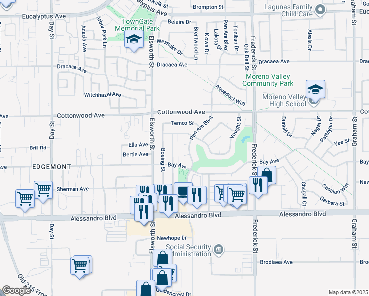 map of restaurants, bars, coffee shops, grocery stores, and more near 22671 Berkshire Lane in Moreno Valley