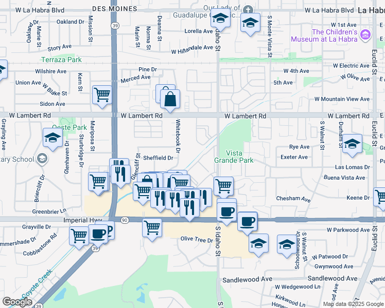 map of restaurants, bars, coffee shops, grocery stores, and more near 1480 West Lambert Road in La Habra