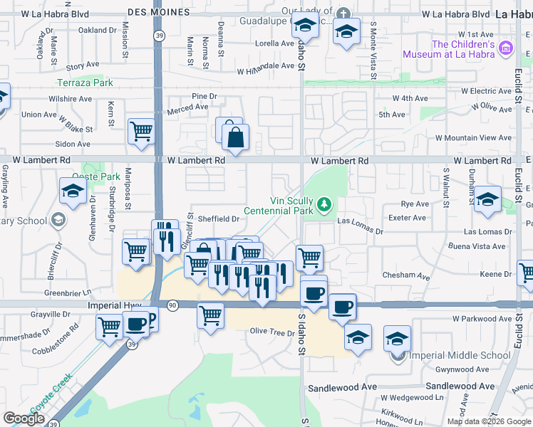 map of restaurants, bars, coffee shops, grocery stores, and more near 1456 West Lambert Road in La Habra