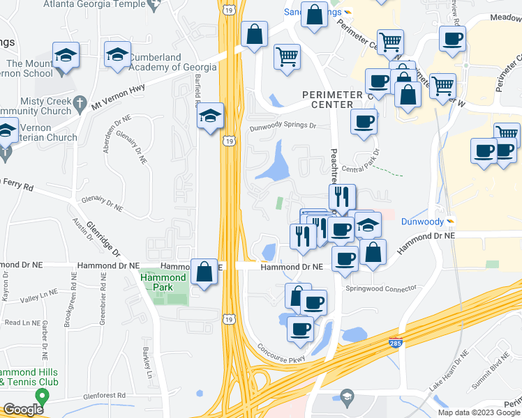 map of restaurants, bars, coffee shops, grocery stores, and more near 86 Dunwoody Springs Drive in Atlanta
