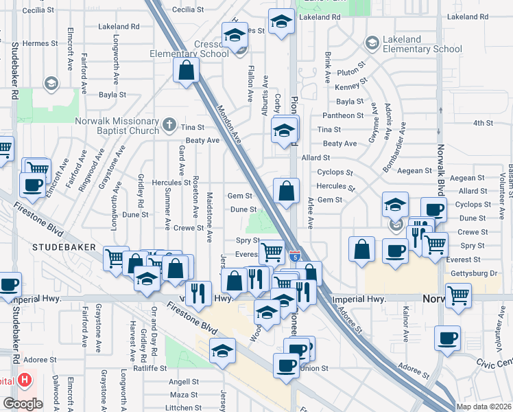 map of restaurants, bars, coffee shops, grocery stores, and more near 11657 Dune Street in Norwalk