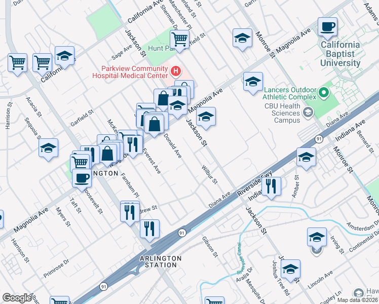 map of restaurants, bars, coffee shops, grocery stores, and more near 3680 Jackson Street in Riverside