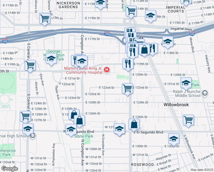 map of restaurants, bars, coffee shops, grocery stores, and more near 1707 East 122nd Street in Los Angeles