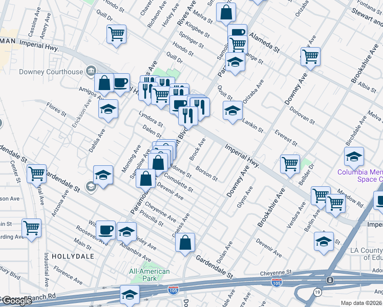 map of restaurants, bars, coffee shops, grocery stores, and more near 8028 Lyndora Street in Downey