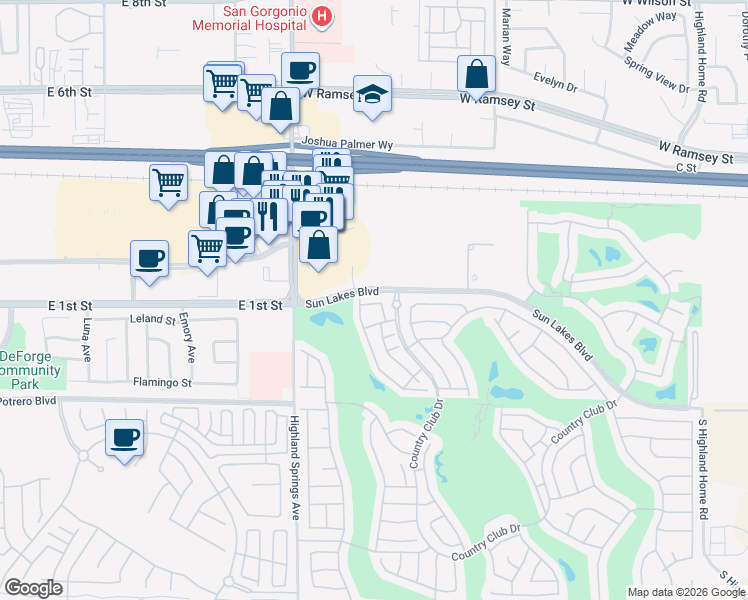map of restaurants, bars, coffee shops, grocery stores, and more near 6141 Wingfoot Avenue in Banning
