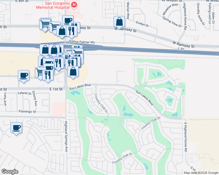 map of restaurants, bars, coffee shops, grocery stores, and more near 5787 Oakmont Drive in Banning