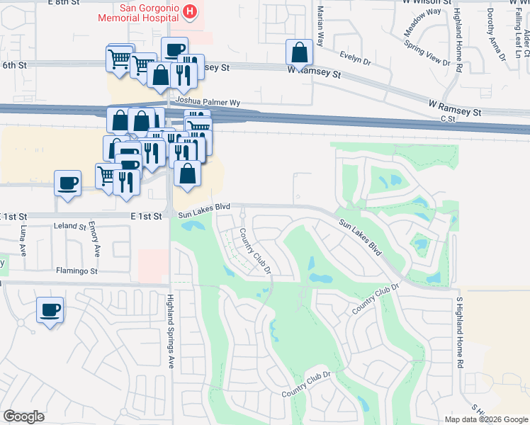 map of restaurants, bars, coffee shops, grocery stores, and more near 5973 Oakmont Drive in Banning