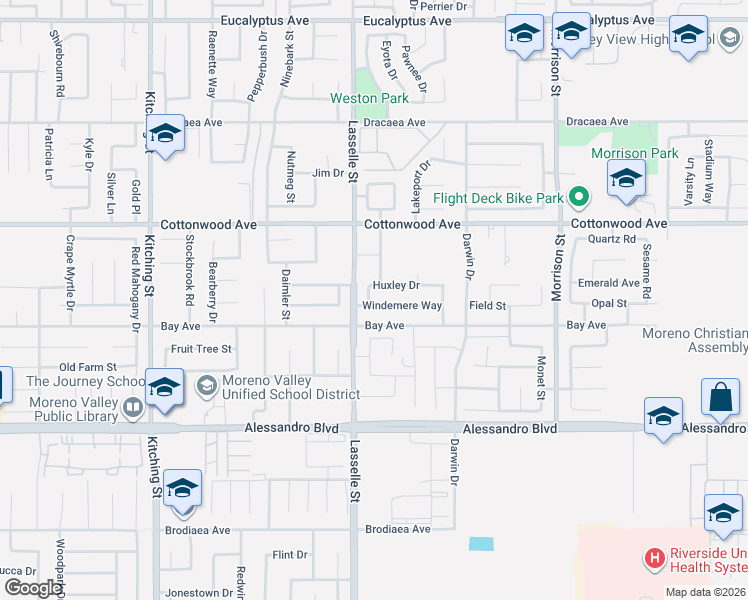 map of restaurants, bars, coffee shops, grocery stores, and more near 26066 Huxley Drive in Moreno Valley