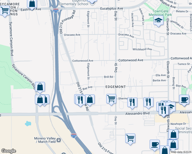map of restaurants, bars, coffee shops, grocery stores, and more near 21824 Brill Road in Moreno Valley