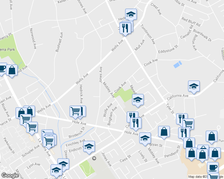 map of restaurants, bars, coffee shops, grocery stores, and more near 4611 Duarte Court in Riverside