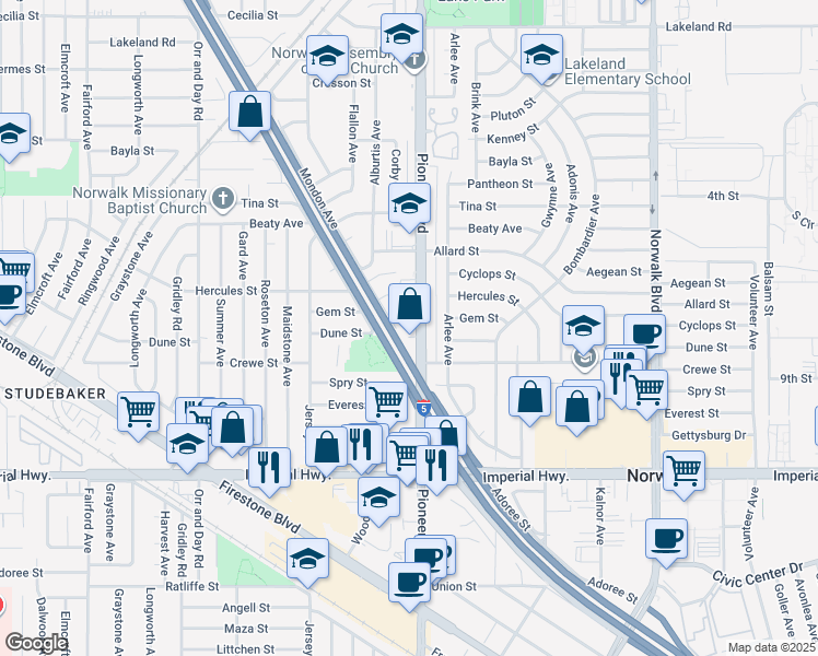 map of restaurants, bars, coffee shops, grocery stores, and more near 12016 Mondon Avenue in Norwalk