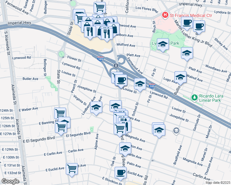 map of restaurants, bars, coffee shops, grocery stores, and more near 3365 Louise Street in Lynwood