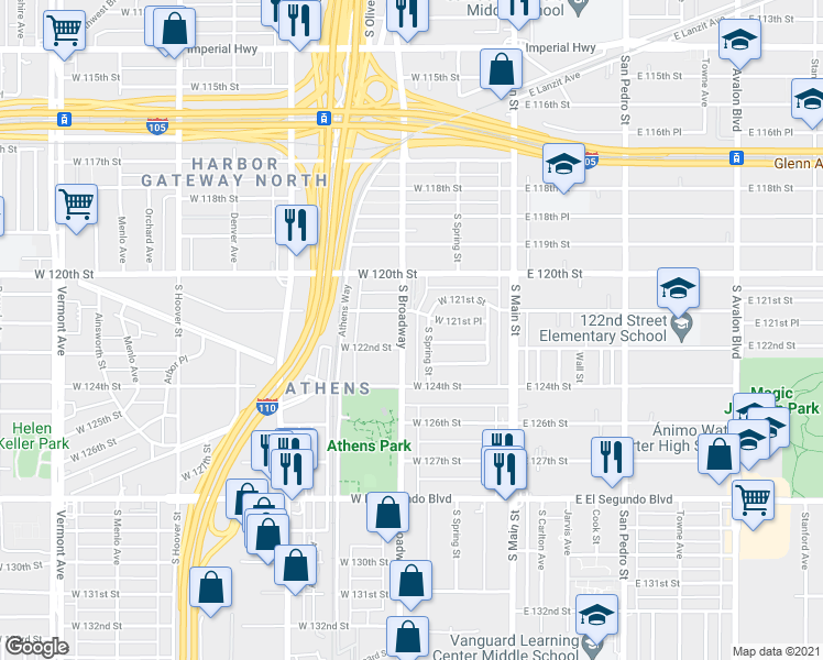 map of restaurants, bars, coffee shops, grocery stores, and more near 12102 South Broadway in Los Angeles