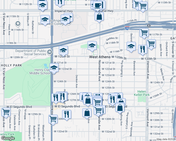 map of restaurants, bars, coffee shops, grocery stores, and more near 1449 West 122nd Street in Los Angeles