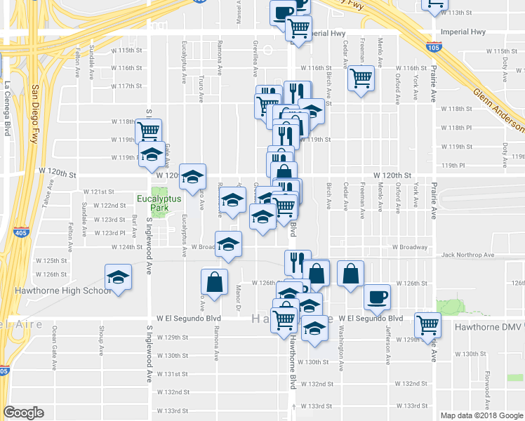 map of restaurants, bars, coffee shops, grocery stores, and more near 12116 Grevillea Avenue in Hawthorne