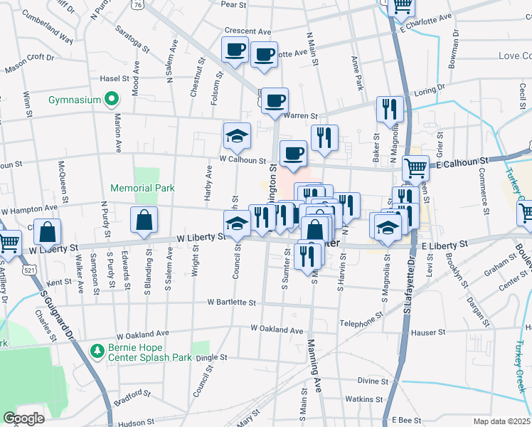 map of restaurants, bars, coffee shops, grocery stores, and more near 108 North Washington Street in Sumter
