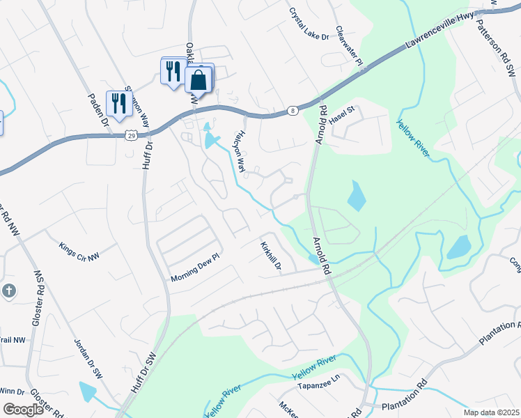 map of restaurants, bars, coffee shops, grocery stores, and more near 2447 Stancrest Lane in Lawrenceville