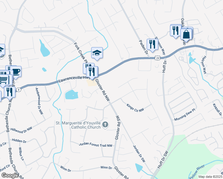 map of restaurants, bars, coffee shops, grocery stores, and more near 2696 Lawrenceville Highway in Lawrenceville