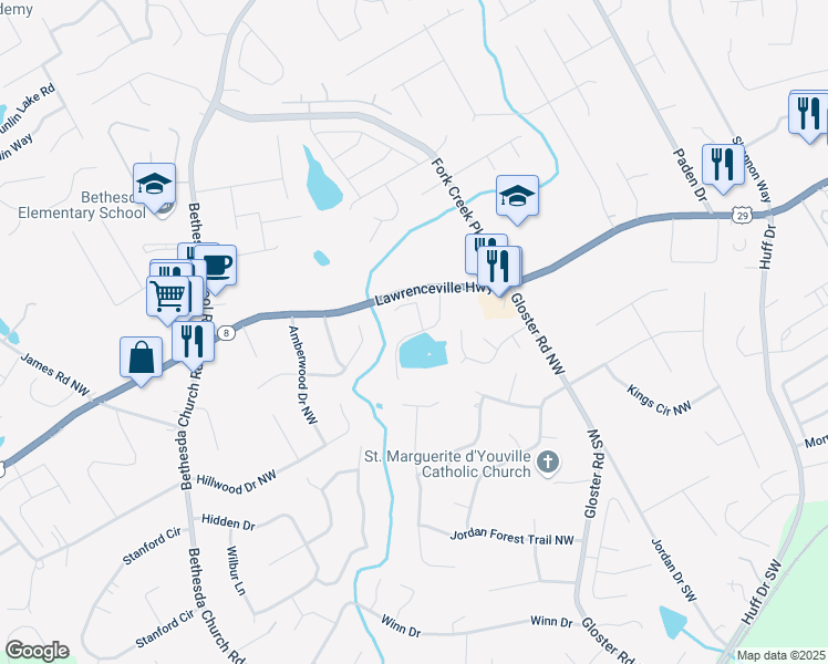 map of restaurants, bars, coffee shops, grocery stores, and more near 212 Wilder Ridge Way in Lawrenceville