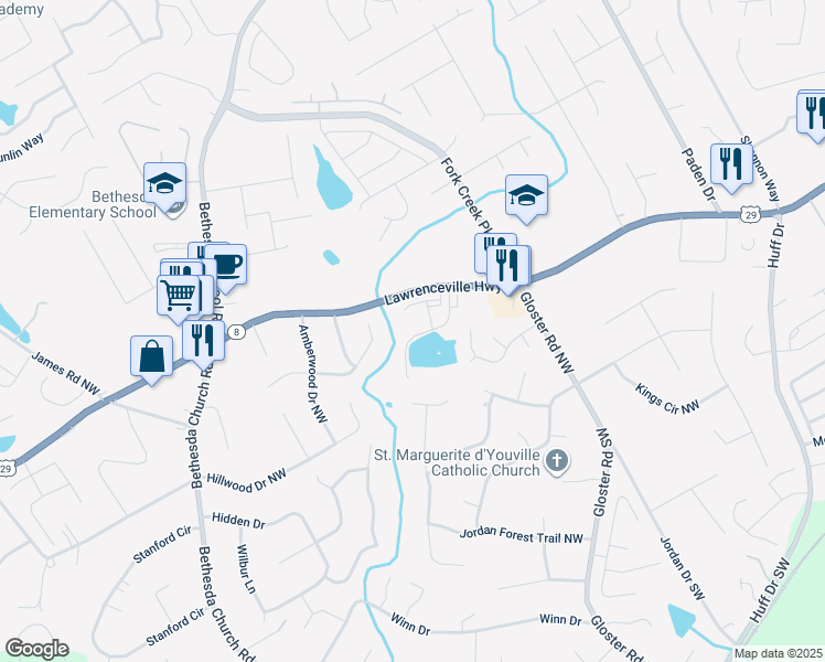 map of restaurants, bars, coffee shops, grocery stores, and more near 2804 Harrison Drive in Lawrenceville
