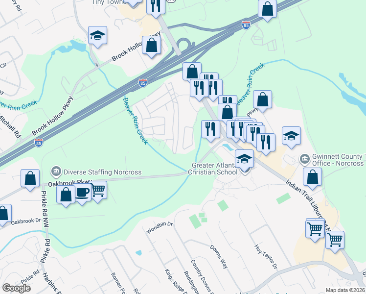 map of restaurants, bars, coffee shops, grocery stores, and more near 1529 Cove Creek Circle in Norcross