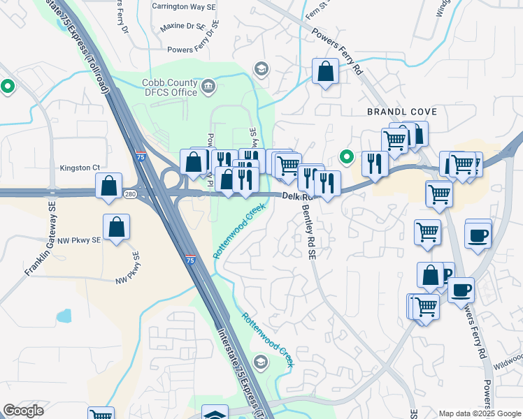 map of restaurants, bars, coffee shops, grocery stores, and more near 2513 Delk Road Southeast in Marietta