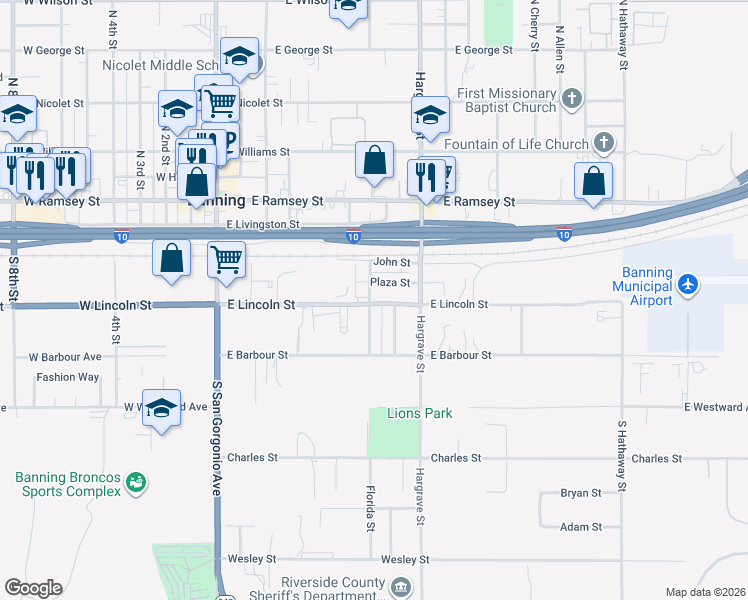 map of restaurants, bars, coffee shops, grocery stores, and more near 627 East Lincoln Street in Banning