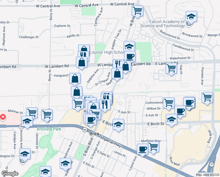 map of restaurants, bars, coffee shops, grocery stores, and more near 236 North Madrona Avenue in Brea