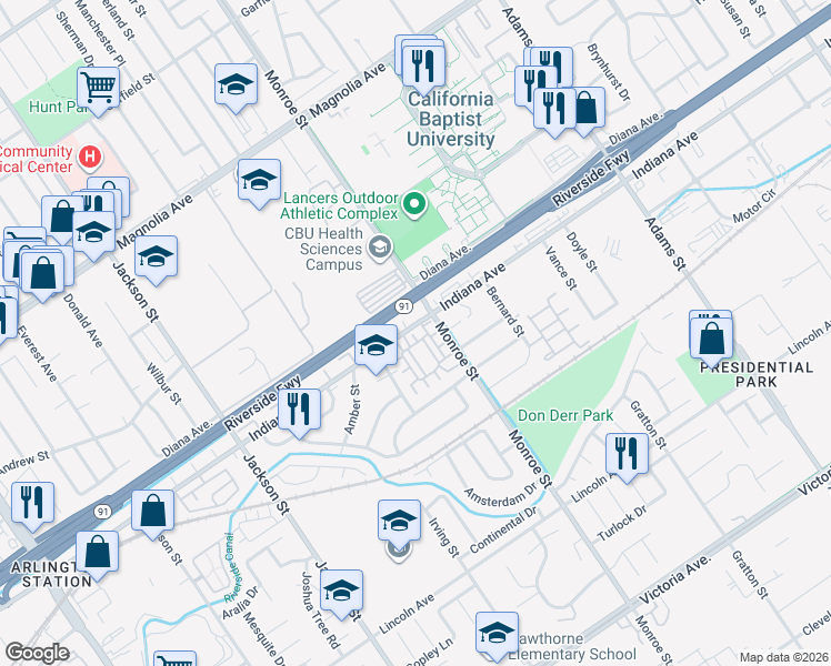 map of restaurants, bars, coffee shops, grocery stores, and more near 3395 Nimes Lane in Riverside