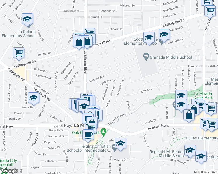 map of restaurants, bars, coffee shops, grocery stores, and more near 11922 Bluefield Avenue in La Mirada