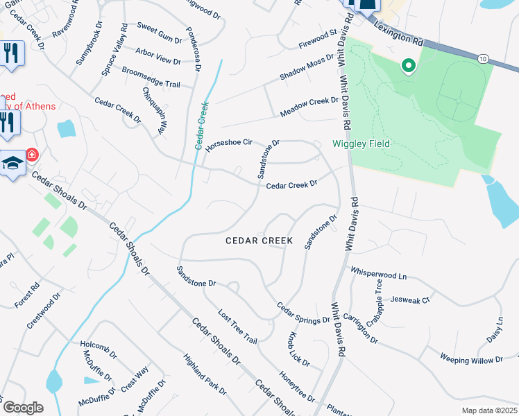 map of restaurants, bars, coffee shops, grocery stores, and more near 490 Cedar Creek Drive in Athens