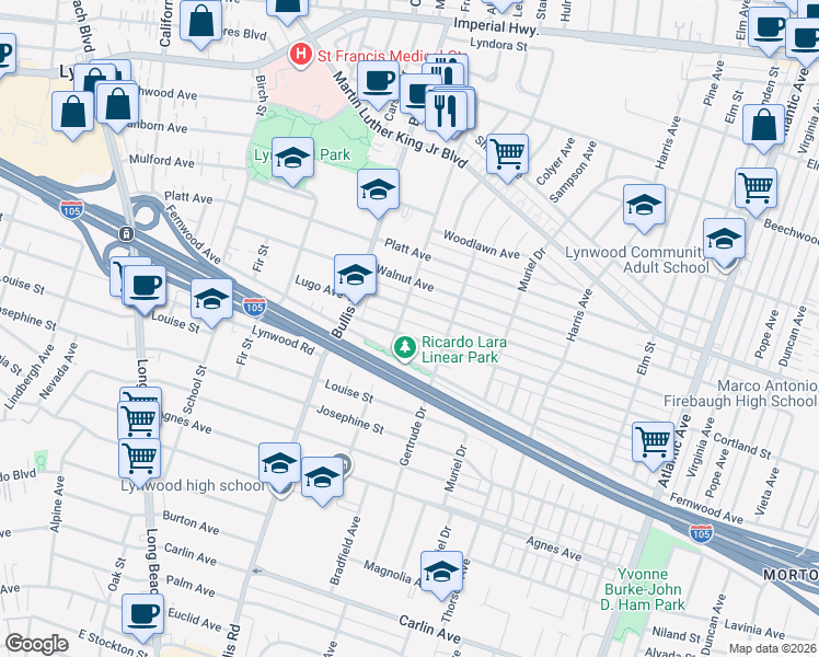 map of restaurants, bars, coffee shops, grocery stores, and more near 3871 Cortland Street in Lynwood
