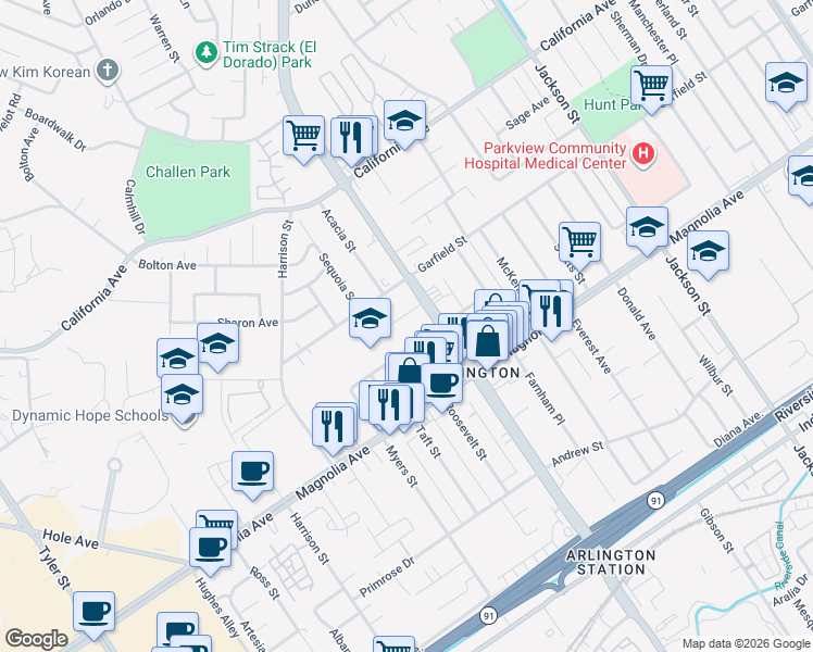 map of restaurants, bars, coffee shops, grocery stores, and more near 9546 Mason Street in Riverside