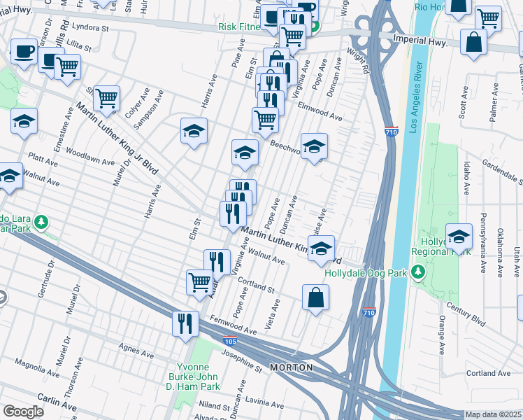 map of restaurants, bars, coffee shops, grocery stores, and more near Virginia Street in Lynwood