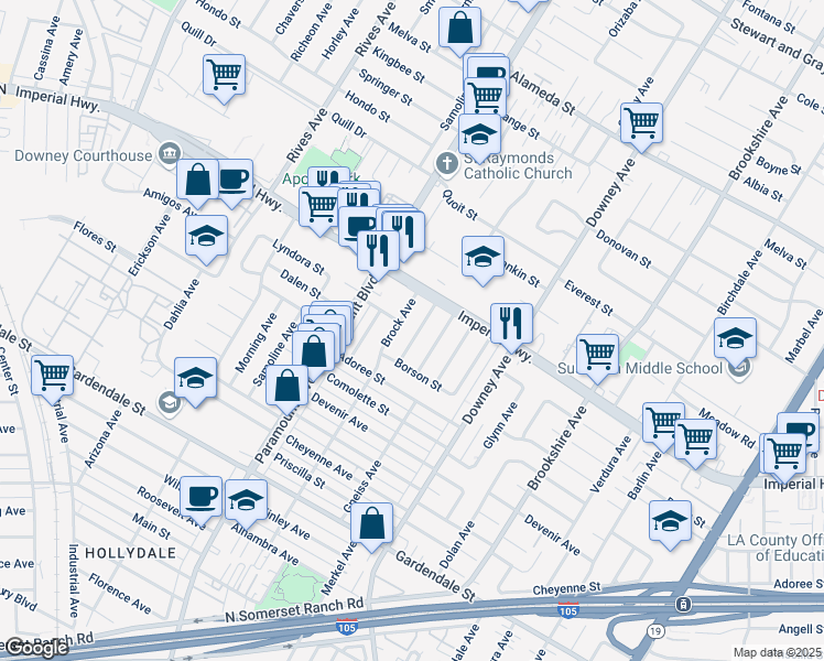 map of restaurants, bars, coffee shops, grocery stores, and more near 12615 Orizaba Avenue in Downey