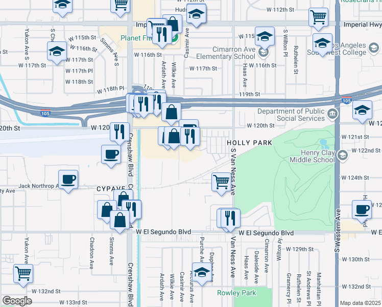 map of restaurants, bars, coffee shops, grocery stores, and more near 2700 West 120th Street in Hawthorne