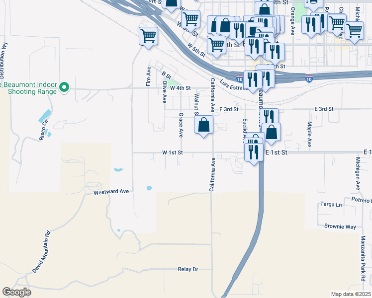 map of restaurants, bars, coffee shops, grocery stores, and more near 298 West 1st Street in Beaumont