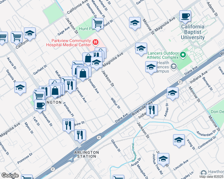 map of restaurants, bars, coffee shops, grocery stores, and more near 3660 Jackson Street in Riverside