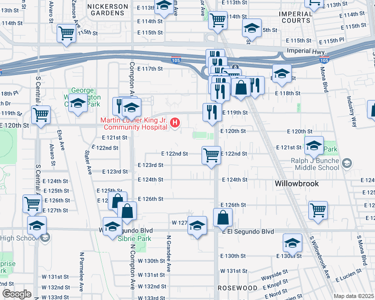 map of restaurants, bars, coffee shops, grocery stores, and more near 1723 East 122nd Street in Los Angeles