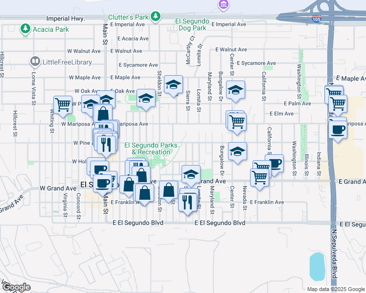 map of restaurants, bars, coffee shops, grocery stores, and more near 435 Sierra Street in El Segundo
