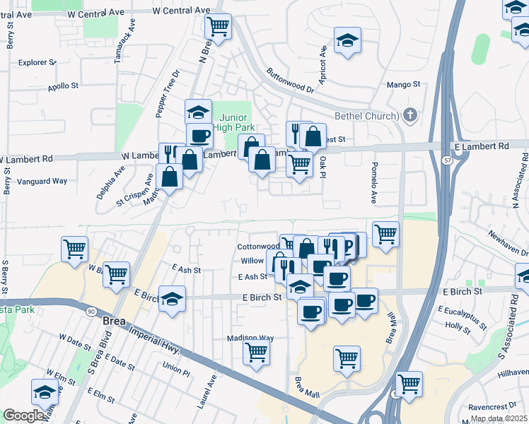 map of restaurants, bars, coffee shops, grocery stores, and more near 320 Thor Place in Brea