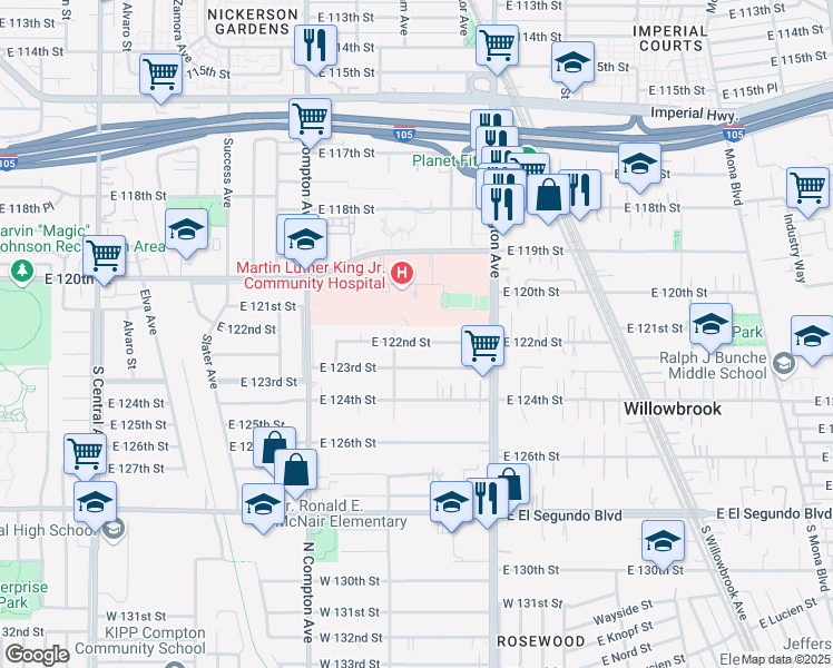 map of restaurants, bars, coffee shops, grocery stores, and more near 1723 East 122nd Street in Los Angeles
