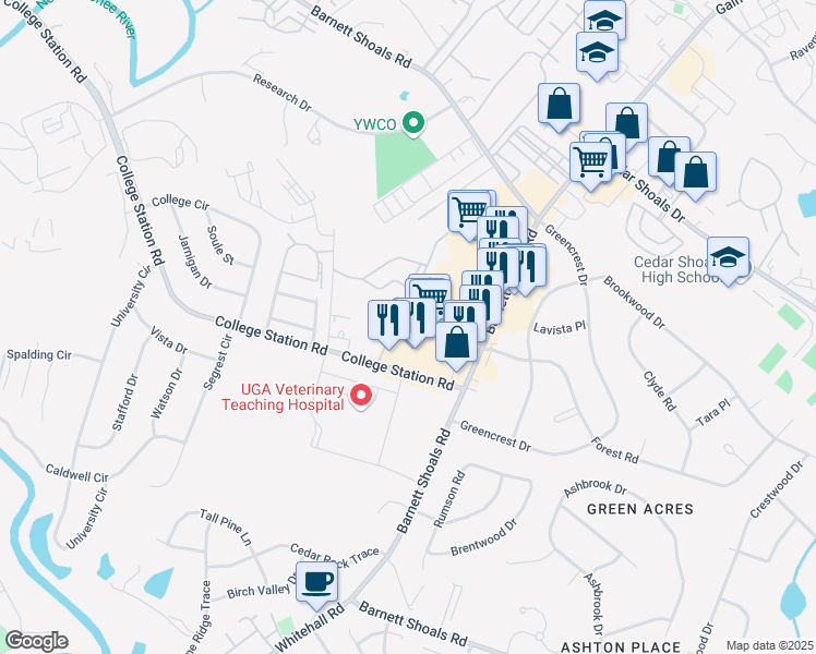 map of restaurants, bars, coffee shops, grocery stores, and more near 1375 College Station Road in Athens