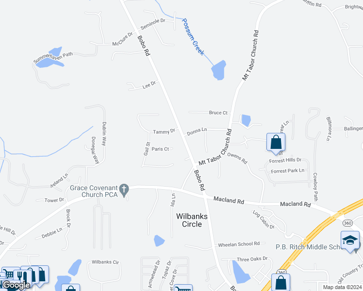 map of restaurants, bars, coffee shops, grocery stores, and more near 2550 Bobo Road in Dallas