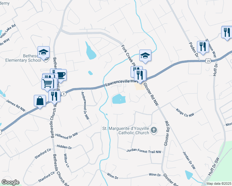 map of restaurants, bars, coffee shops, grocery stores, and more near 212 Wilder Ridge Way in Lawrenceville