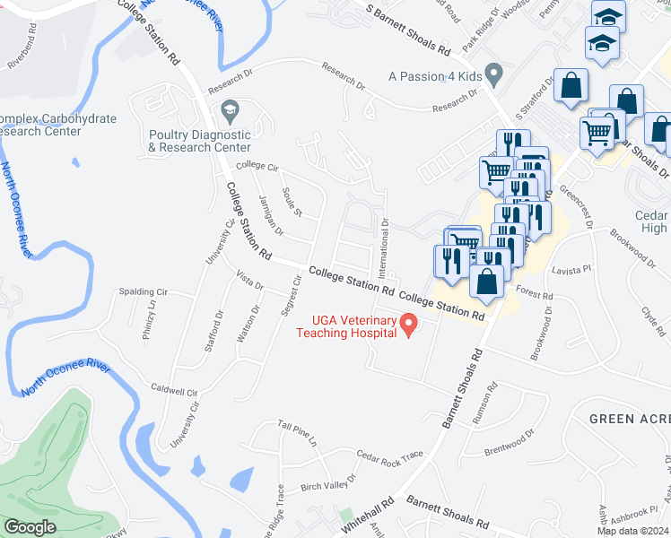 map of restaurants, bars, coffee shops, grocery stores, and more near 104 Mark Twain Circle in Athens