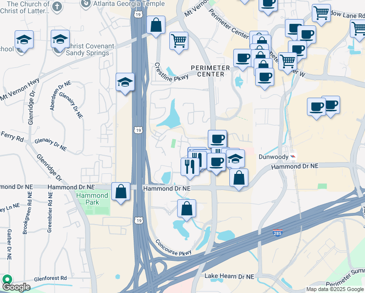 map of restaurants, bars, coffee shops, grocery stores, and more near 1101 Garden Court in Atlanta