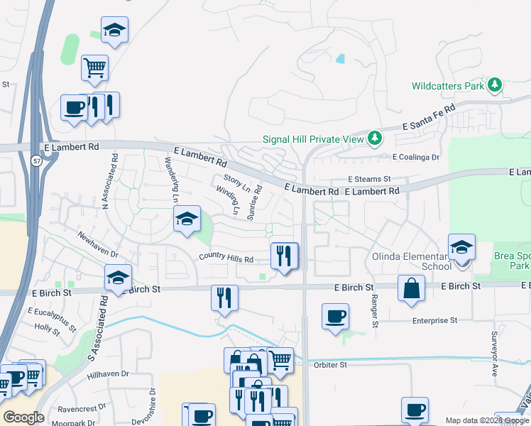 map of restaurants, bars, coffee shops, grocery stores, and more near 238 Hilltop Lane in Brea